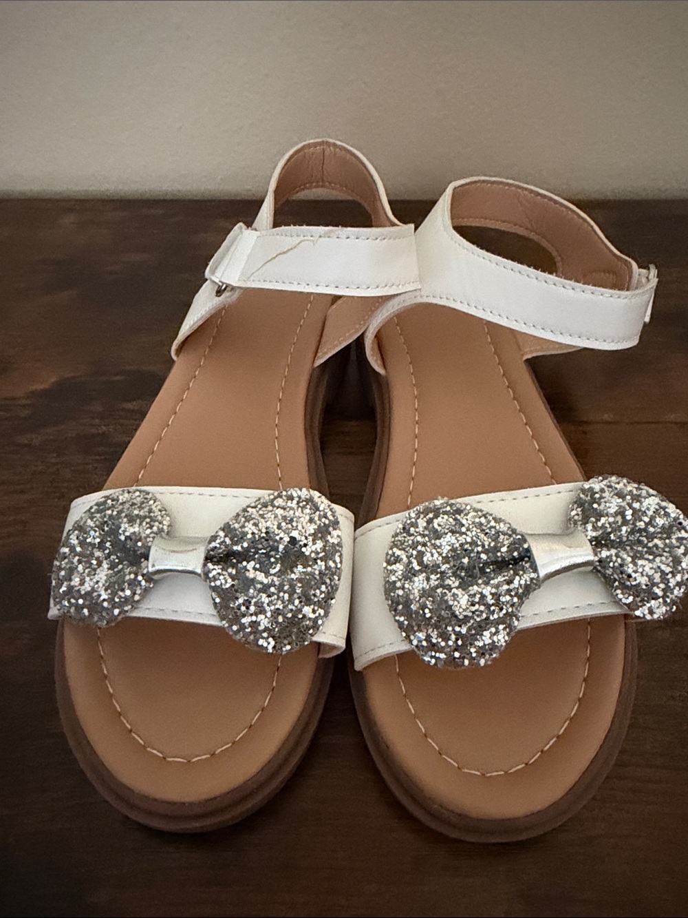 White Girls' Glitter Bow Ankle Strap Sandals